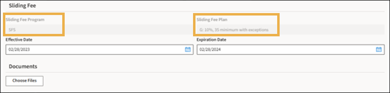 Sliding Fee section with yellow highlight boxes around the Sliding Fee Program and Sliding Fee Plan.